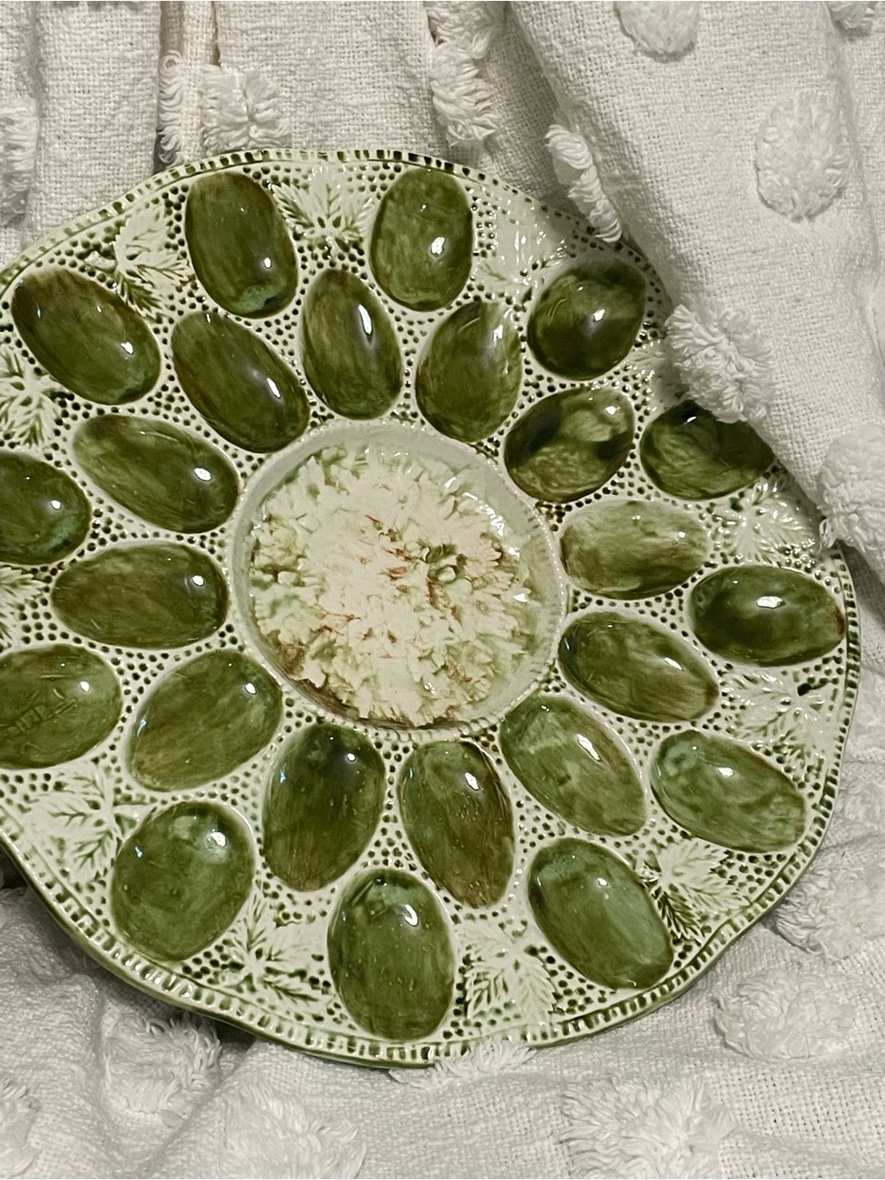 Antique Green Pottery / Ceramic Egg Plate 13”